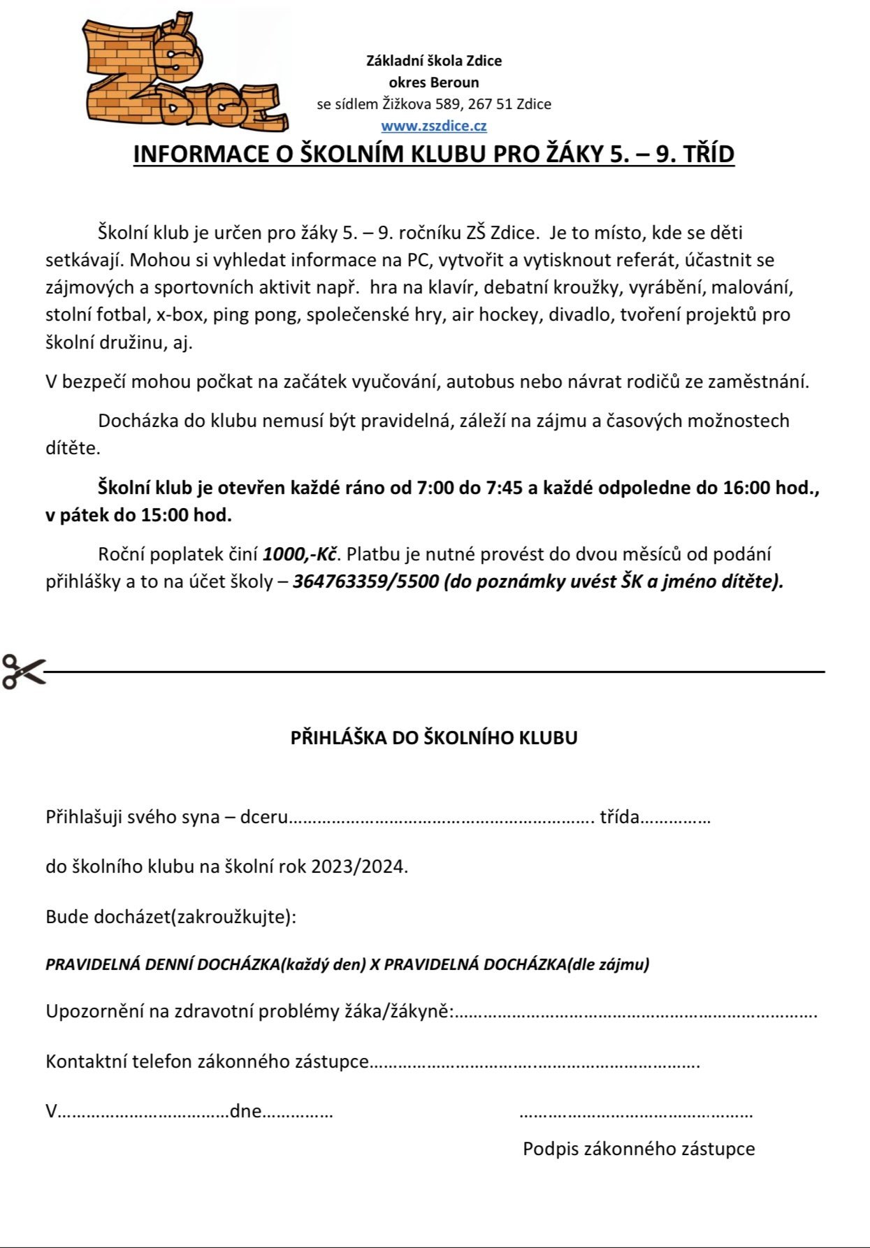 Přihláška do školního klubu 2023/2024